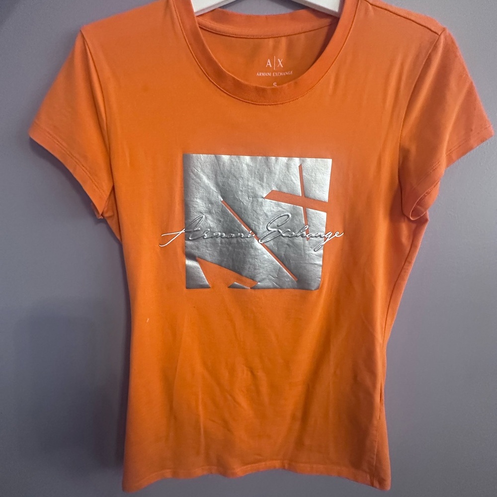 Armani Exchange Vibrant Orange Tee with Metallic Silver Design